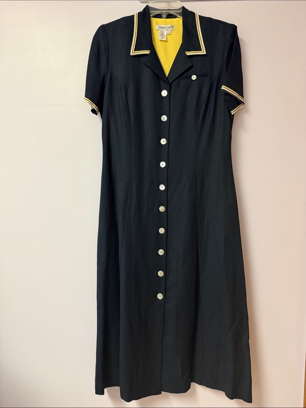 Coldwater Creek Navy Blue Midi Dress with Yellow Trim